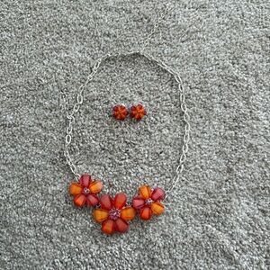 Orange and Red Floral Flower Necklace & Earring Set